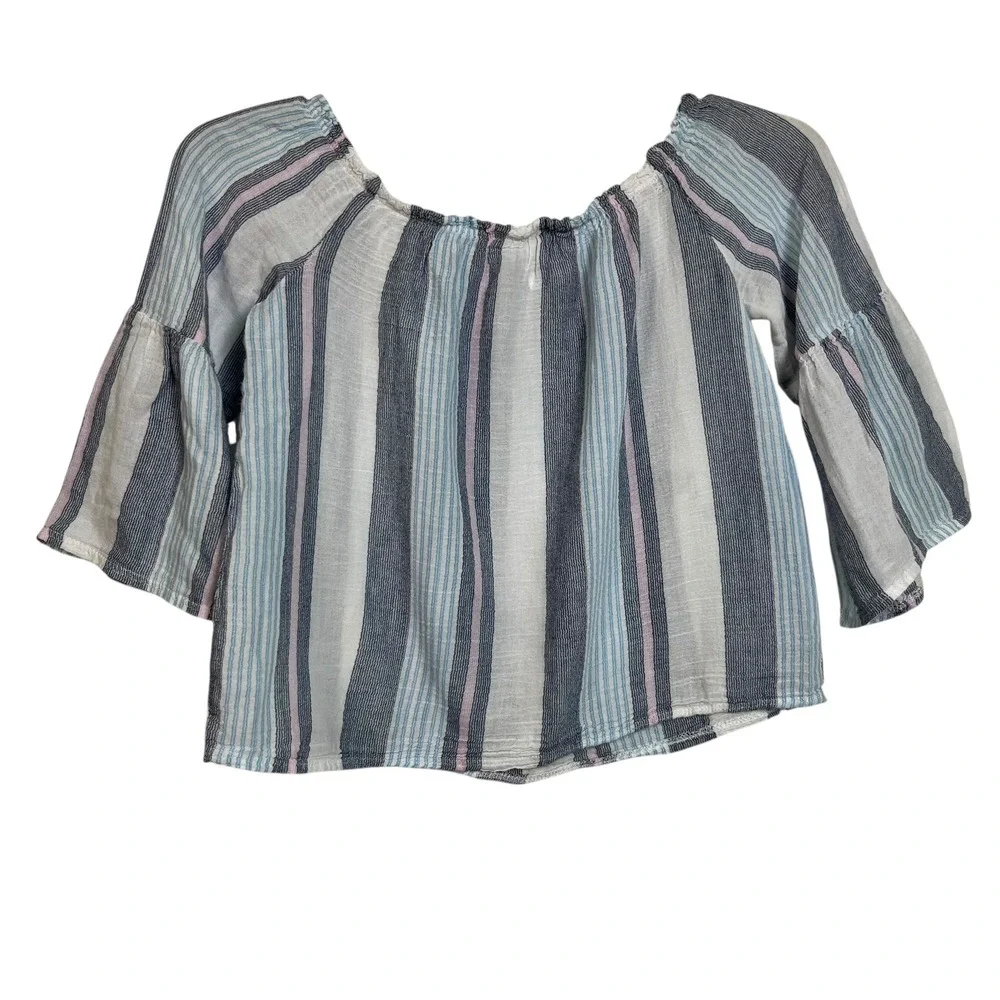 2/$15 Ponytails Girls Top Size 14/16 Blue Striped Off Shoulder Bell Sleeve (3129
